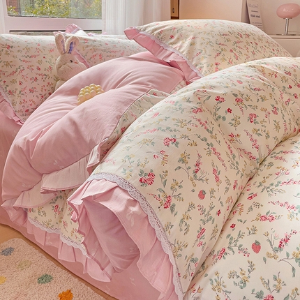 棉生活家纺 2025新款全棉小清新花边款蕾丝四件套 百花园