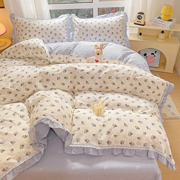 91家纺网 家纺一手货源 找家纺 棉生活家纺 2025新款全棉小清新花边款蕾丝四件套 夏日之约　蓝