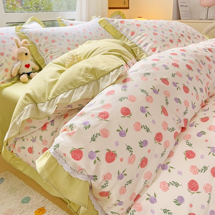 91家纺网 家纺一手货源 找家纺 棉生活家纺 2025新款全棉小清新花边款蕾丝四件套 一见倾心