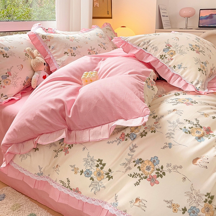 91家纺网 家纺一手货源 找家纺 棉生活家纺 2025新款全棉小清新花边款蕾丝四件套 晓芙庄园