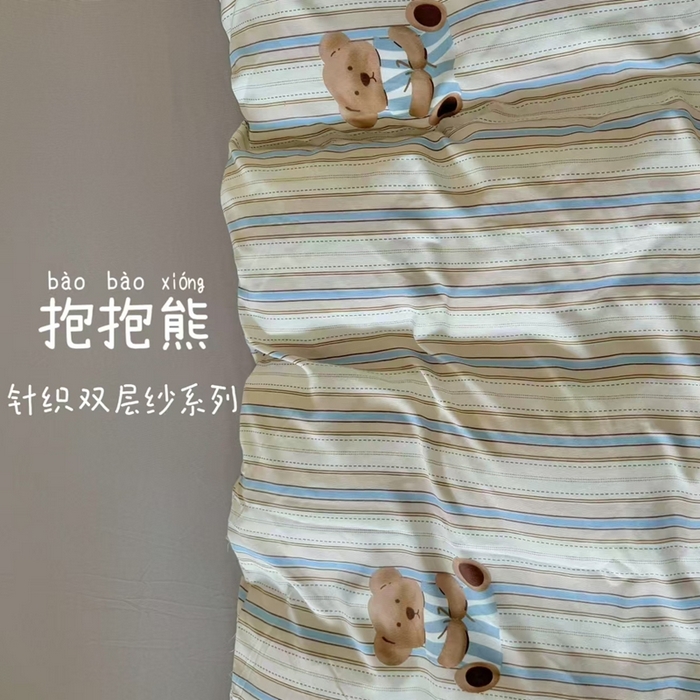 91家纺网 家纺一手货源 找家纺 吾欢心 2025新款针织棉双层纱四件套 抱抱熊