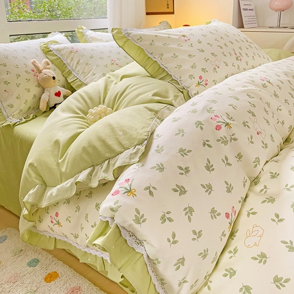 91家纺网 家纺一手货源 找家纺 棉生活家纺 2025新款全棉小清新花边款蕾丝四件套 果香