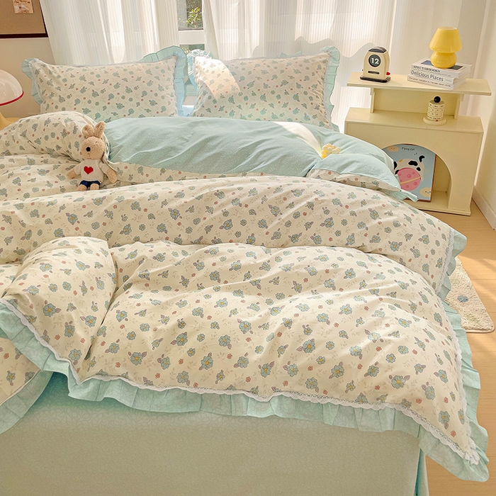 91家纺网 家纺一手货源 找家纺 棉生活家纺 2025新款全棉小清新花边款蕾丝四件套 漫然