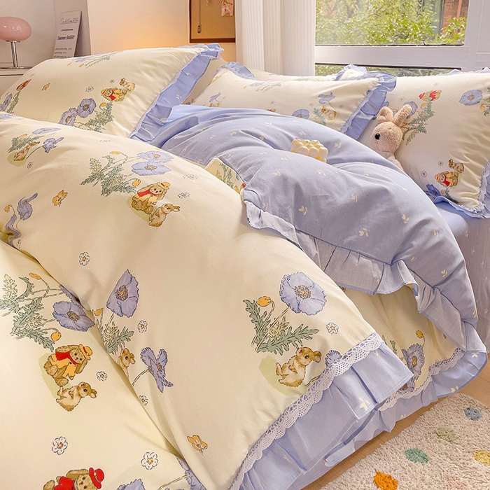 91家纺网 家纺一手货源 找家纺 棉生活家纺 2025新款全棉小清新花边款蕾丝四件套 丽丝兔