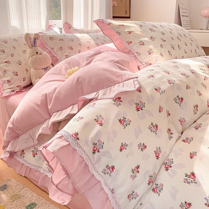 棉生活家纺 2025新款全棉小清新花边款蕾丝四件套 夏日之约　粉