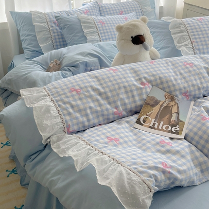 瑞莱 2025冬季新款13372舞动花边全棉四件套系列 蓝格蝴蝶结