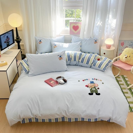 泽西家纺 2025新品全棉毛巾绣多巴胺条纹纯棉四件套三件套 小象贝格-淡蓝