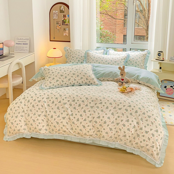 91家纺网 家纺一手货源 找家纺 棉生活家纺 2025新款全棉小清新花边款蕾丝四件套 漫然