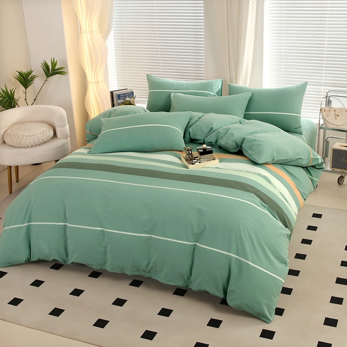 91家纺网 家纺一手货源 找家纺 金纱玉纺家纺 2024新款色织全棉水洗棉四件套绿桔白条