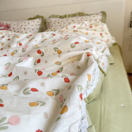 91家纺网 家纺一手货源 找家纺 棉生活家纺 2025新款全棉小清新花边款蕾丝四件套 郁金香