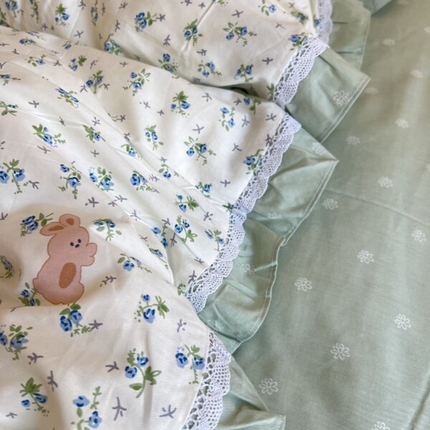 棉生活家纺 2025新款全棉小清新花边款蕾丝四件套 花海小兔