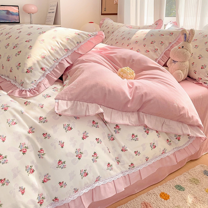 91家纺网 家纺一手货源 找家纺 棉生活家纺 2025新款全棉小清新花边款蕾丝四件套 夏日之约　粉