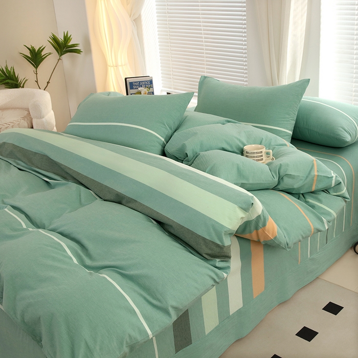 91家纺网 家纺一手货源 找家纺 金纱玉纺家纺 2024新款色织全棉水洗棉四件套绿桔白条