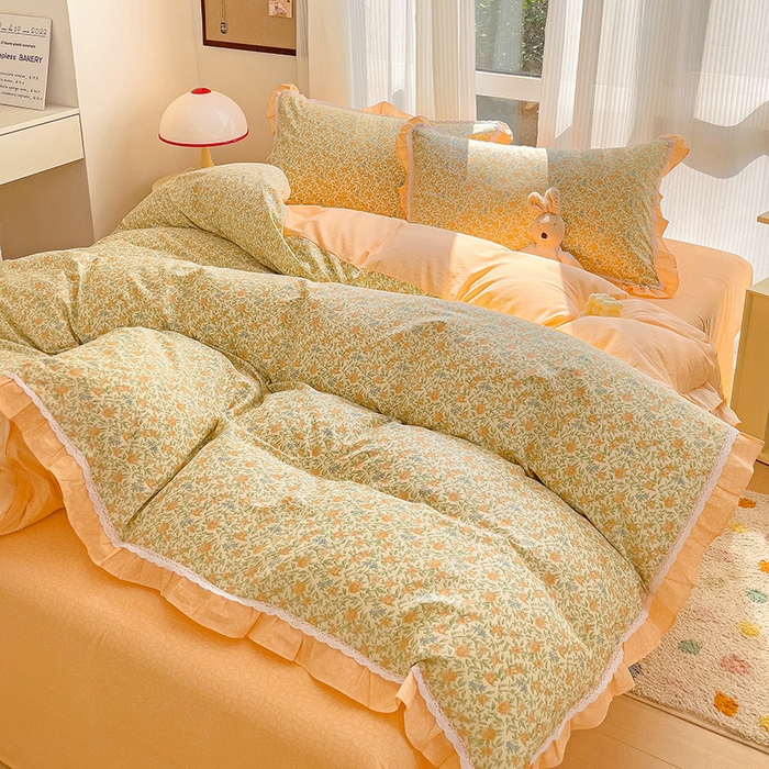 91家纺网 家纺一手货源 找家纺 棉生活家纺 2025新款全棉小清新花边款蕾丝四件套 花晓