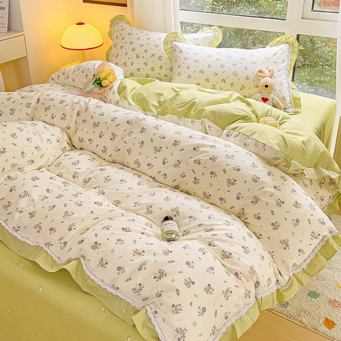 91家纺网 家纺一手货源 找家纺 棉生活家纺 2025新款全棉小清新花边款蕾丝四件套 熙悦