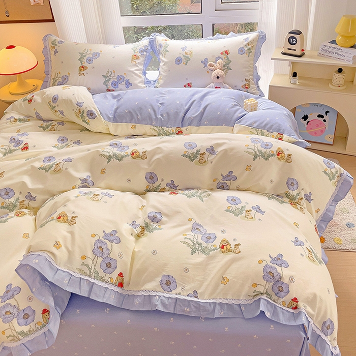 91家纺网 家纺一手货源 找家纺 棉生活家纺 2025新款全棉小清新花边款蕾丝四件套 丽丝兔