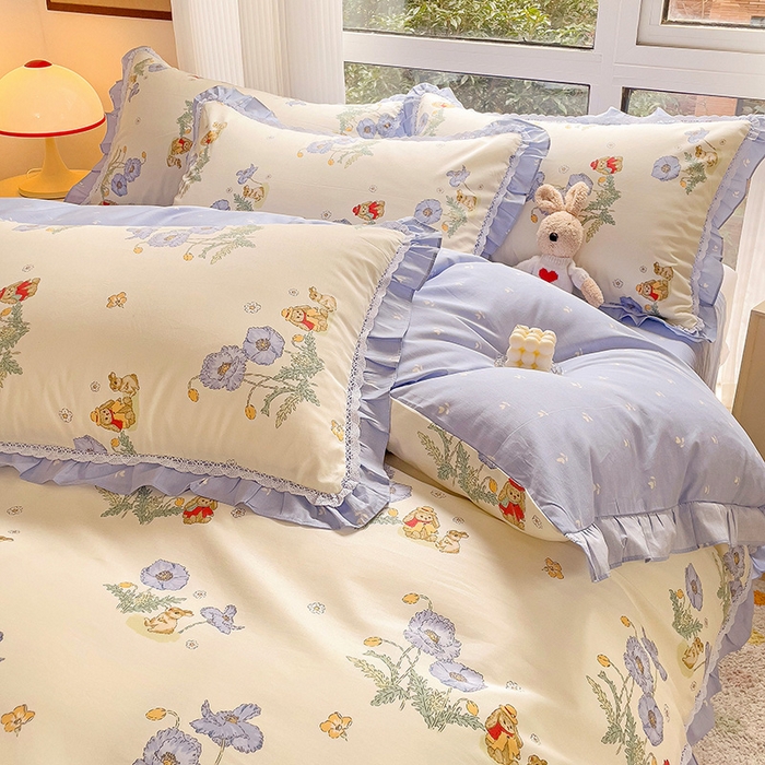 91家纺网 家纺一手货源 找家纺 棉生活家纺 2025新款全棉小清新花边款蕾丝四件套 丽丝兔