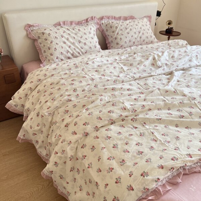 91家纺网 家纺一手货源 找家纺 棉生活家纺 2025新款全棉小清新花边款蕾丝四件套 夏日之约　粉