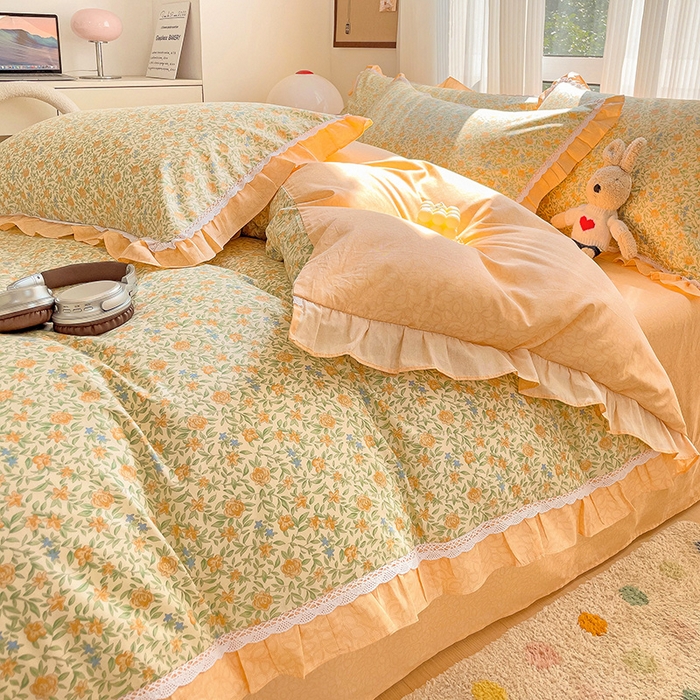 91家纺网 家纺一手货源 找家纺 棉生活家纺 2025新款全棉小清新花边款蕾丝四件套 花晓