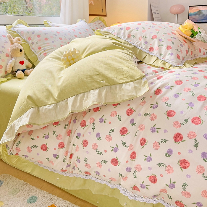 91家纺网 家纺一手货源 找家纺 棉生活家纺 2025新款全棉小清新花边款蕾丝四件套 一见倾心