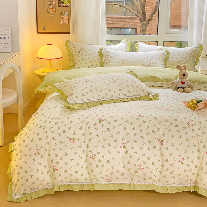 91家纺网 家纺一手货源 找家纺 棉生活家纺 2025新款全棉小清新花边款蕾丝四件套 果香