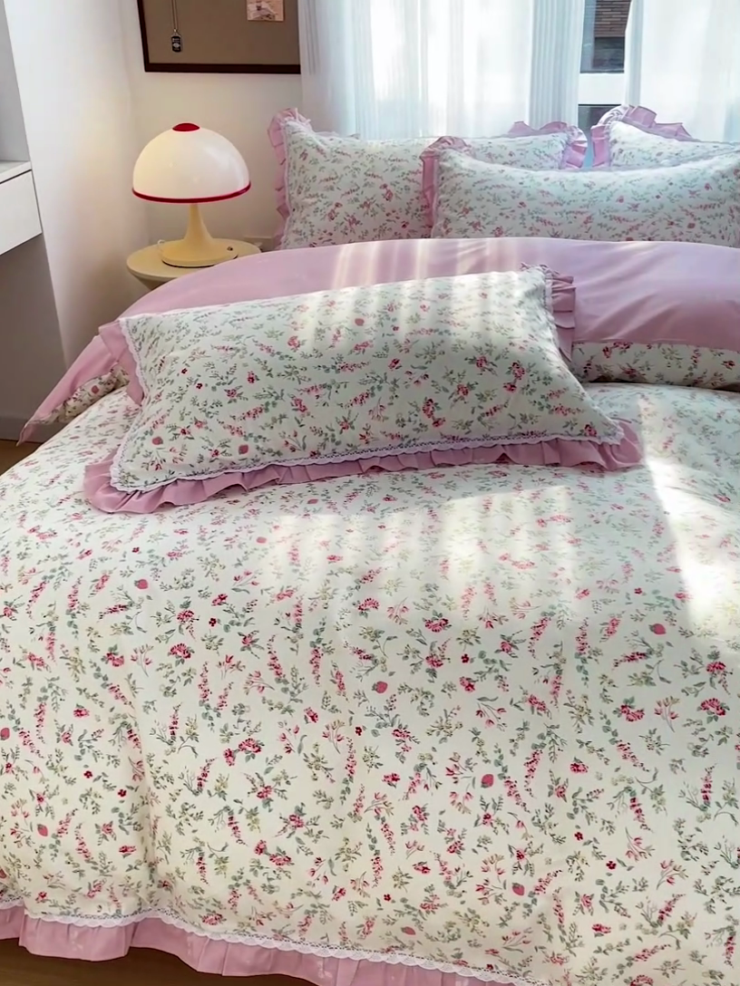 91家纺网 家纺一手货源 找家纺 棉生活家纺 2025新款全棉小清新花边款蕾丝四件套 百花园