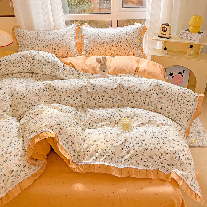 91家纺网 家纺一手货源 找家纺 棉生活家纺 2025新款全棉小清新花边款蕾丝四件套 田园生活