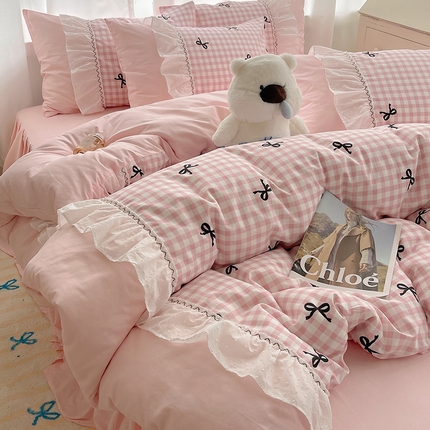 瑞莱 2025冬季新款13372舞动花边全棉四件套系列 粉格蝴蝶结