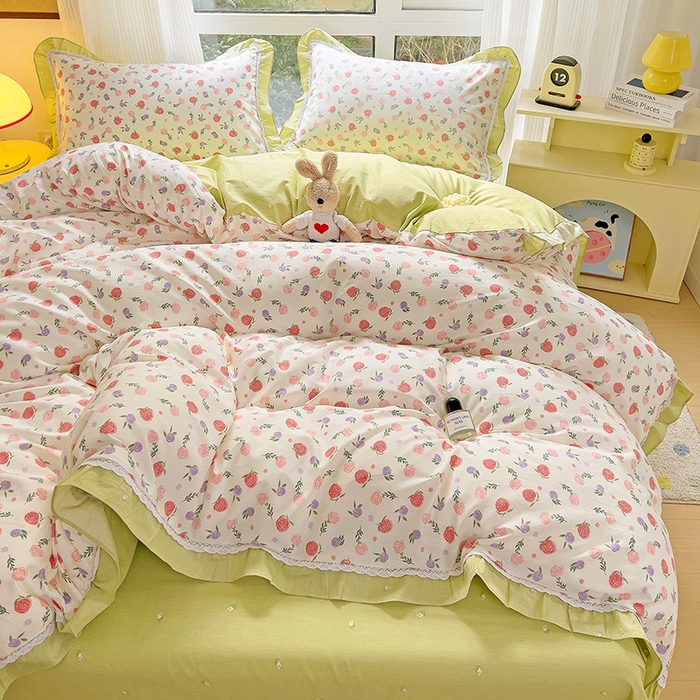 91家纺网 家纺一手货源 找家纺 棉生活家纺 2025新款全棉小清新花边款蕾丝四件套 一见倾心