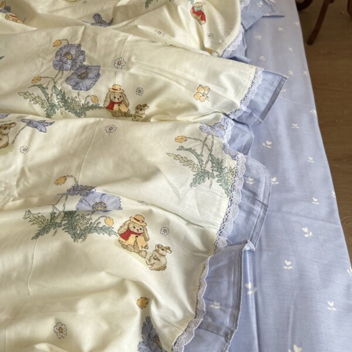 91家纺网 家纺一手货源 找家纺 棉生活家纺 2025新款全棉小清新花边款蕾丝四件套 丽丝兔