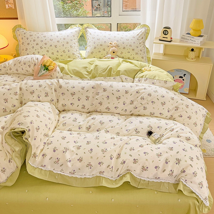 91家纺网 家纺一手货源 找家纺 棉生活家纺 2025新款全棉小清新花边款蕾丝四件套 熙悦