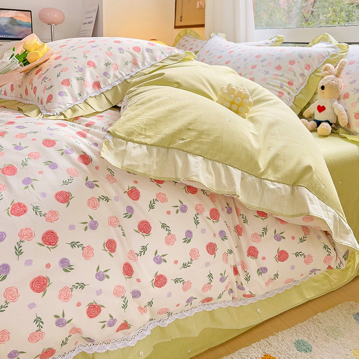 91家纺网 家纺一手货源 找家纺 棉生活家纺 2025新款全棉小清新花边款蕾丝四件套 一见倾心