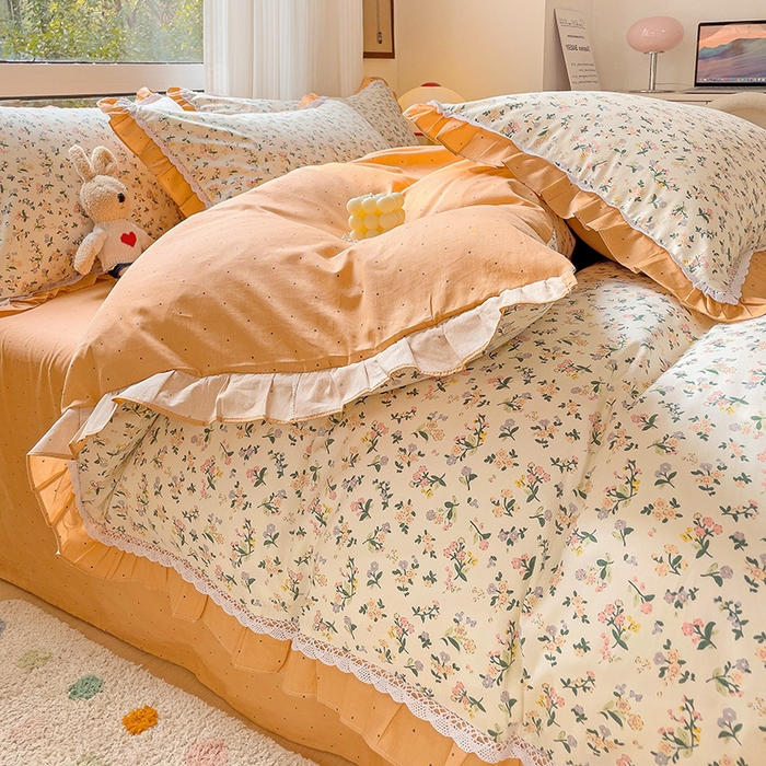 91家纺网 家纺一手货源 找家纺 棉生活家纺 2025新款全棉小清新花边款蕾丝四件套 田园生活