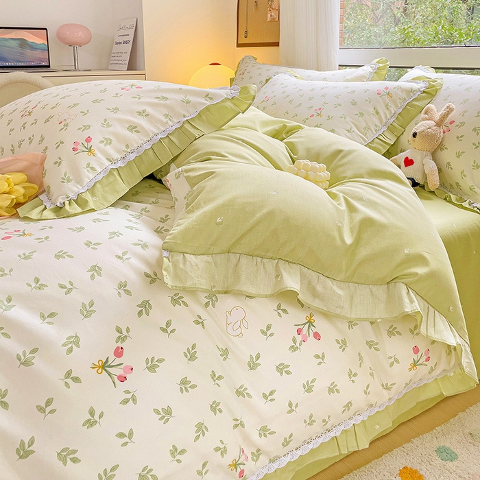 91家纺网 家纺一手货源 找家纺 棉生活家纺 2025新款全棉小清新花边款蕾丝四件套 果香