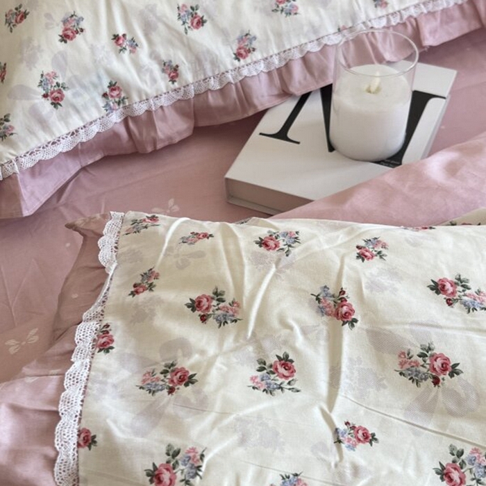 91家纺网 家纺一手货源 找家纺 棉生活家纺 2025新款全棉小清新花边款蕾丝四件套 夏日之约　粉