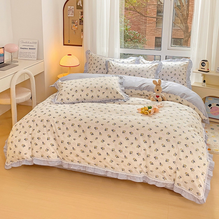 91家纺网 家纺一手货源 找家纺 棉生活家纺 2025新款全棉小清新花边款蕾丝四件套 夏日之约　蓝