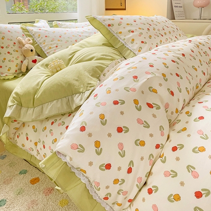 棉生活家纺 2025新款全棉小清新花边款蕾丝四件套 郁金香