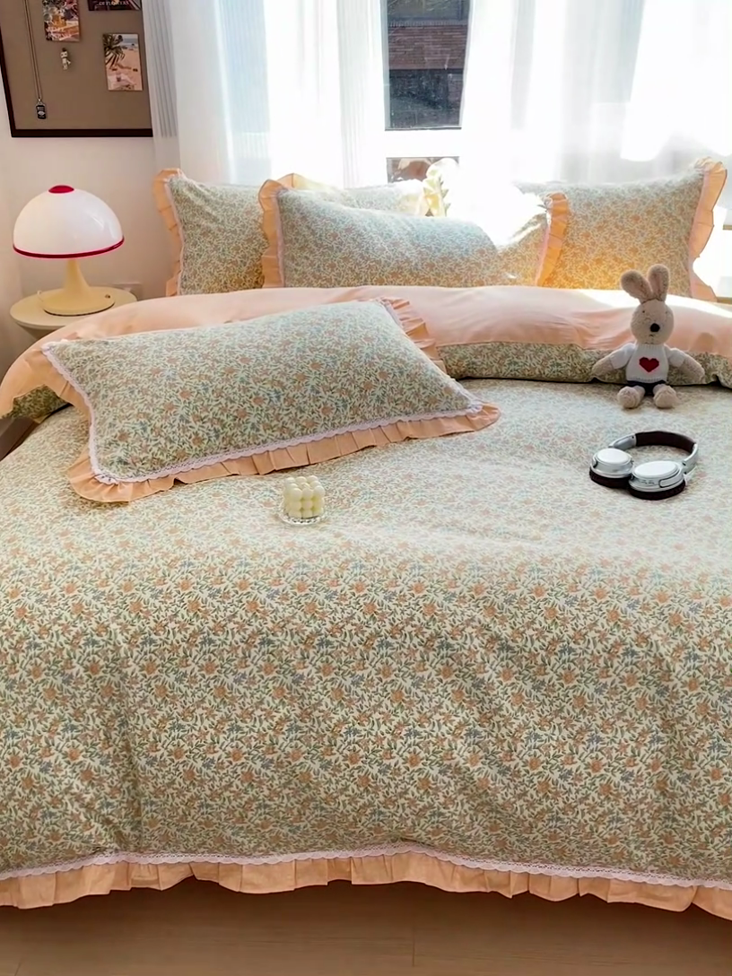 91家纺网 家纺一手货源 找家纺 棉生活家纺 2025新款全棉小清新花边款蕾丝四件套 花晓