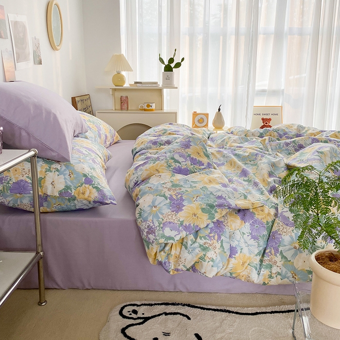 91家纺网 家纺一手货源 找家纺 尺素 2025新款ins风博主系列全棉四件套 春日幸事-浅紫