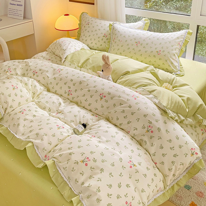 91家纺网 家纺一手货源 找家纺 棉生活家纺 2025新款全棉小清新花边款蕾丝四件套 果香