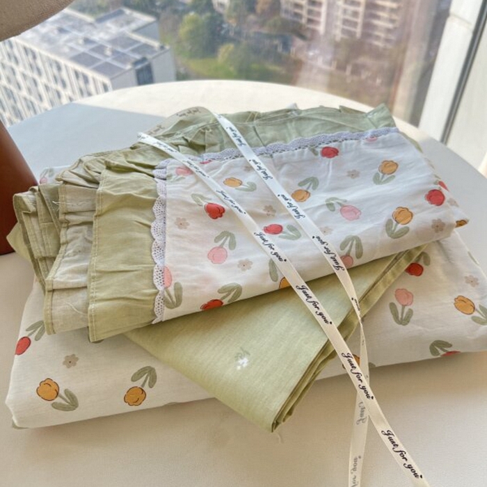 91家纺网 家纺一手货源 找家纺 棉生活家纺 2025新款全棉小清新花边款蕾丝四件套 郁金香