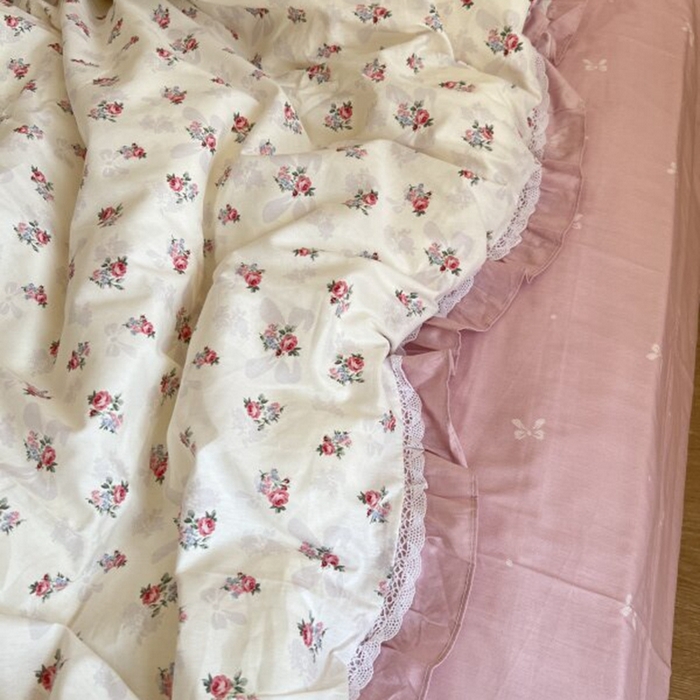 91家纺网 家纺一手货源 找家纺 棉生活家纺 2025新款全棉小清新花边款蕾丝四件套 夏日之约　粉