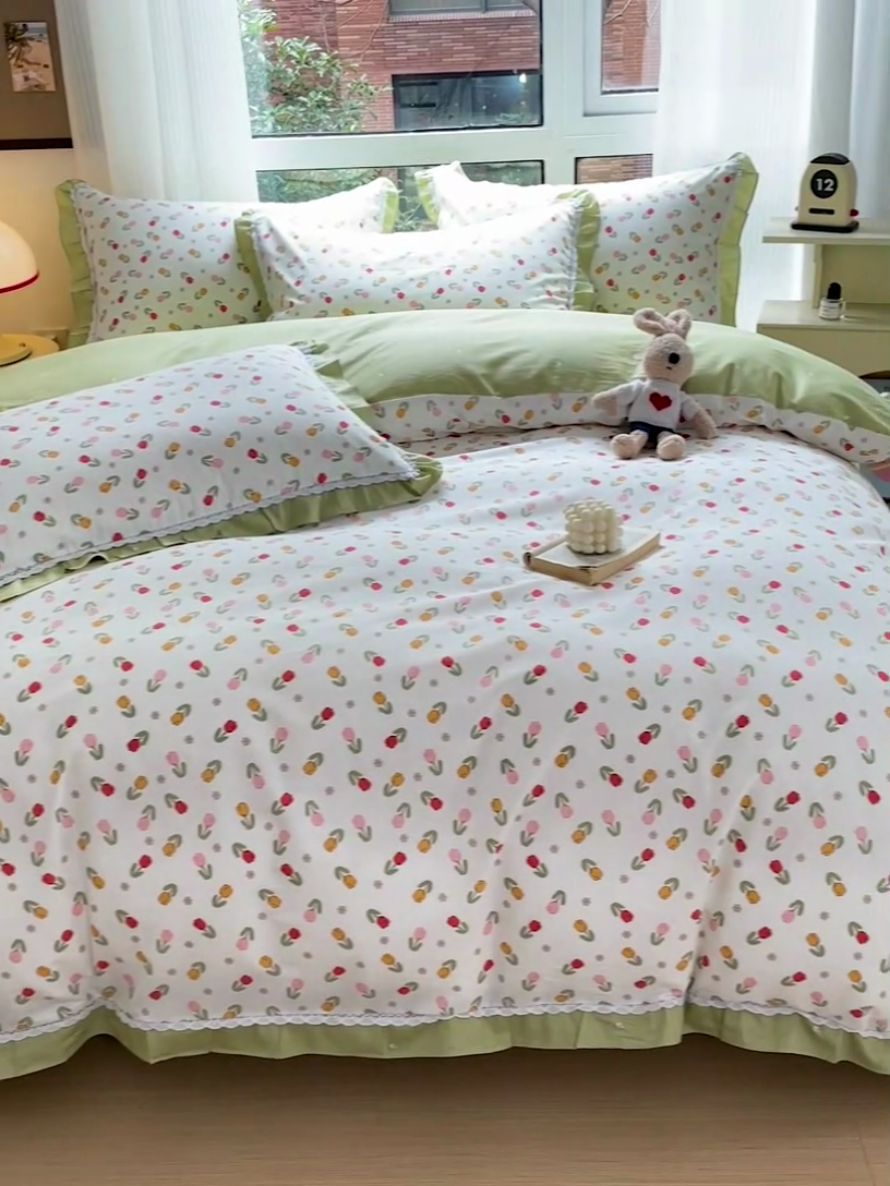 91家纺网 家纺一手货源 找家纺 棉生活家纺 2025新款全棉小清新花边款蕾丝四件套 郁金香