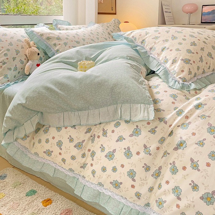 91家纺网 家纺一手货源 找家纺 棉生活家纺 2025新款全棉小清新花边款蕾丝四件套 漫然