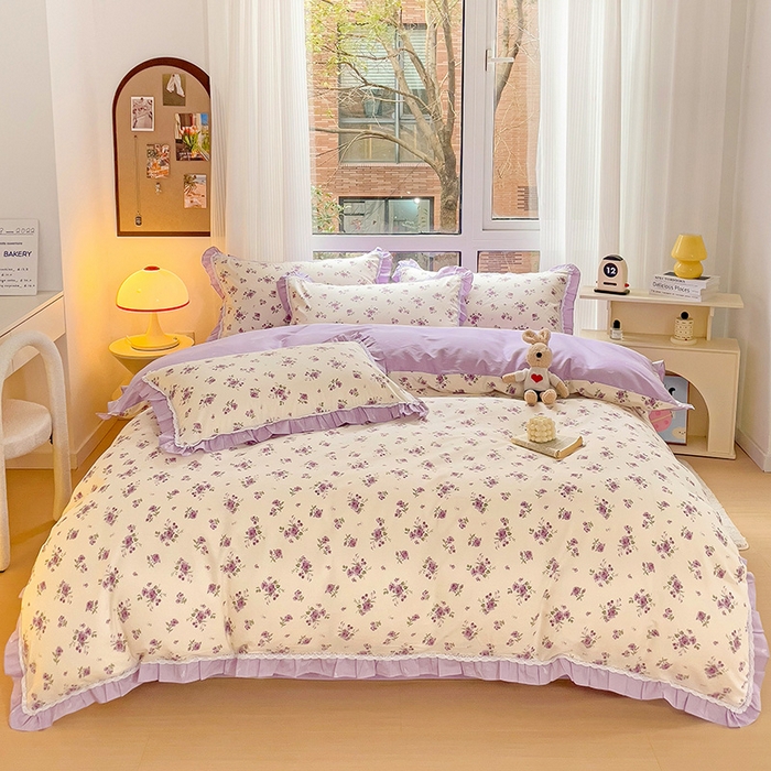 91家纺网 家纺一手货源 找家纺 棉生活家纺 2025新款全棉小清新花边款蕾丝四件套 洛潇