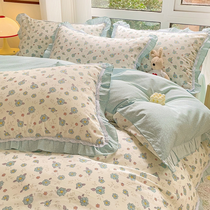 91家纺网 家纺一手货源 找家纺 棉生活家纺 2025新款全棉小清新花边款蕾丝四件套 漫然