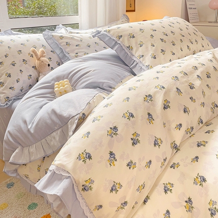 棉生活家纺 2025新款全棉小清新花边款蕾丝四件套 夏日之约　蓝