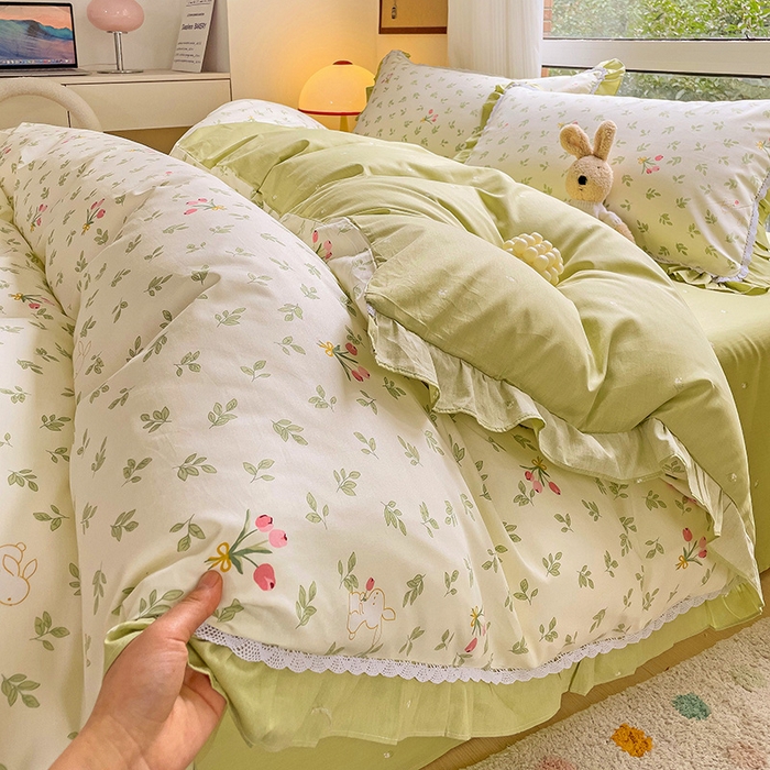 91家纺网 家纺一手货源 找家纺 棉生活家纺 2025新款全棉小清新花边款蕾丝四件套 果香