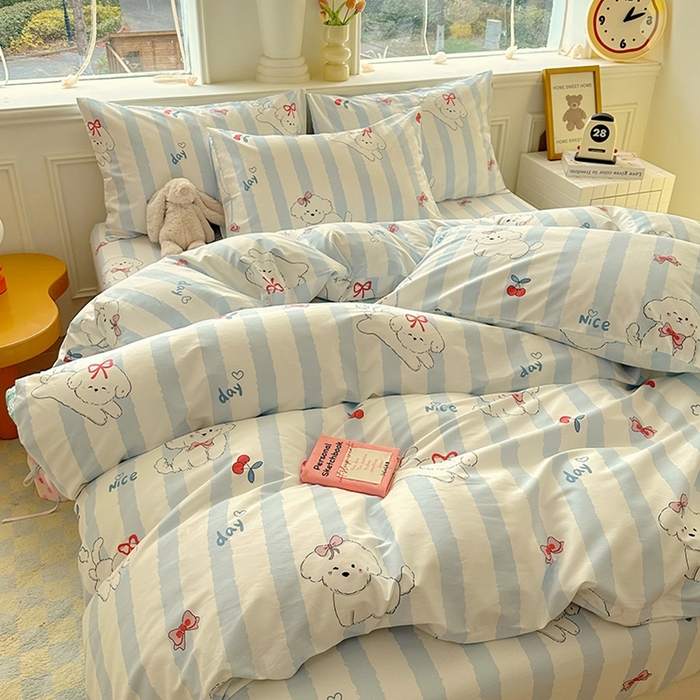 91家纺网 家纺一手货源 找家纺 希诺家居 2025新款全棉纯棉卡通小清新被套床笠四件套 樱桃小奶狗