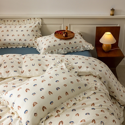 91家纺网 家纺一手货源 找家纺 （总）绫韵家纺 2025春夏新款法式碎花系母婴级全棉A类双层纱花边款纯棉四件套